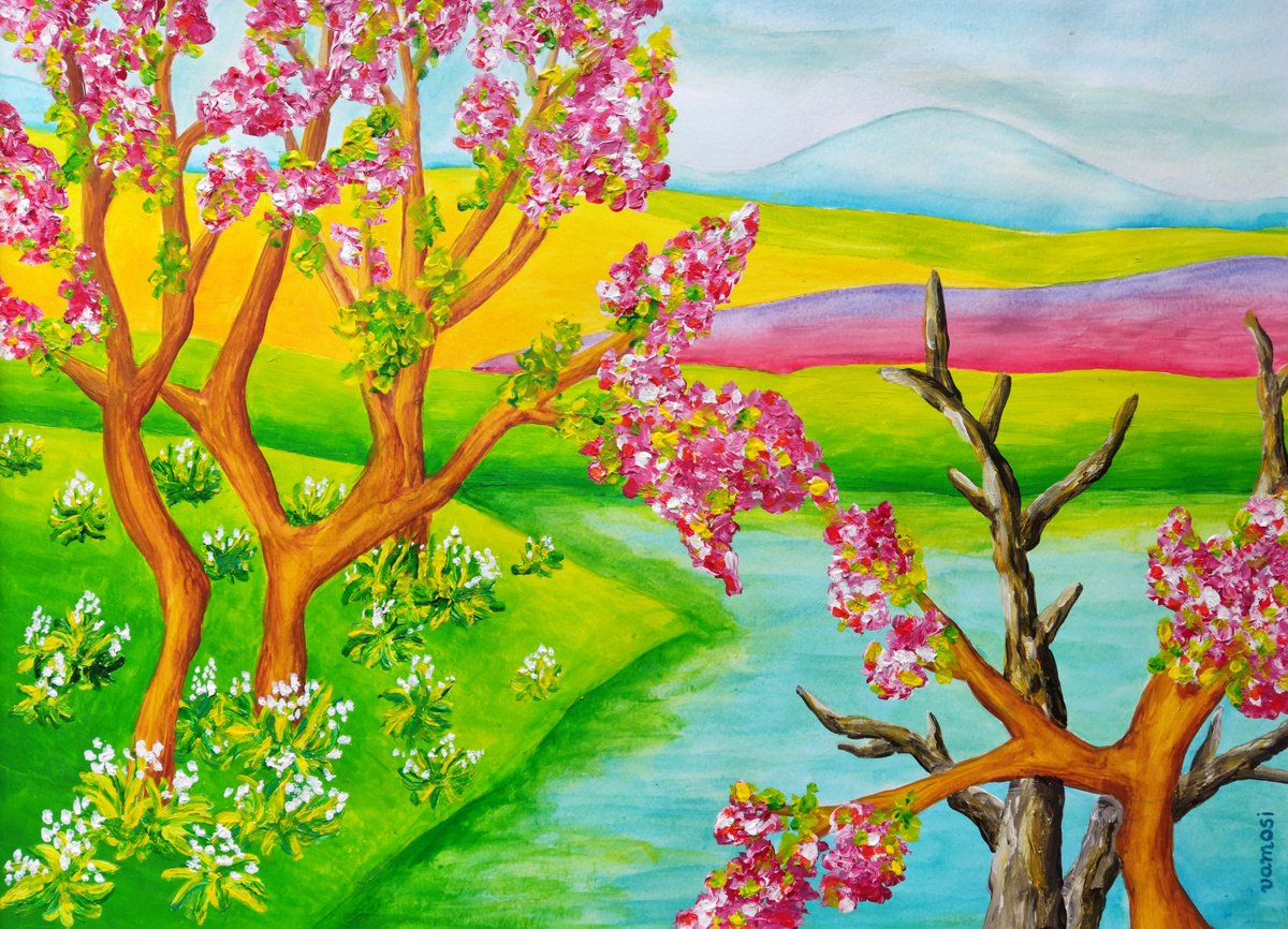 Impressionistic Landscape Acrylic Painting By Vamosi Peter, 16 X 12", Blossomnig Cherry Trees, Original Artwork