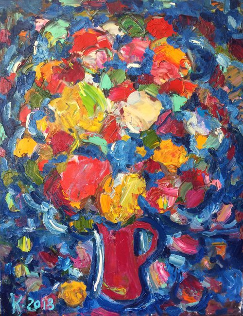 Blue Bouquet - Still Life - Floral Art - Flowers in Vase - Abstract and Expressive - Gift - Medium Size - Oil Painting by Karakhan