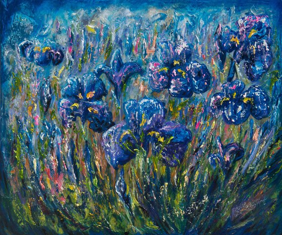 Countryside Irises   Oil painting  with palette knife 20x24 inches