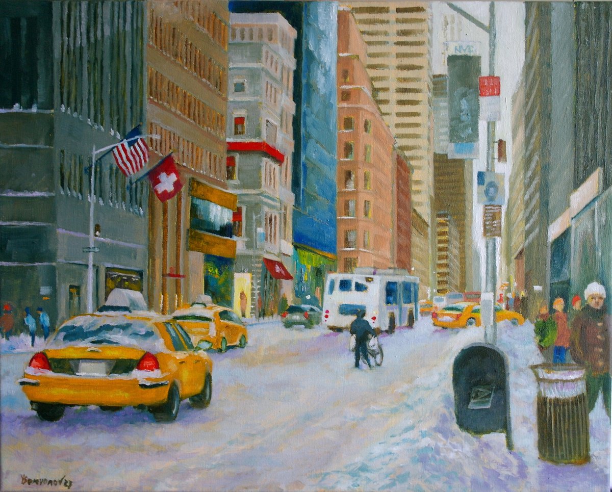 Expressive Cityscapes Oil Painting By Juri Semjonov, 20 X 16", New York, Winter Street, Original Artwork