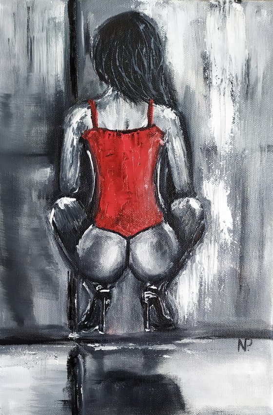 In red, original nude erotic, small painting, gift, bedroom art