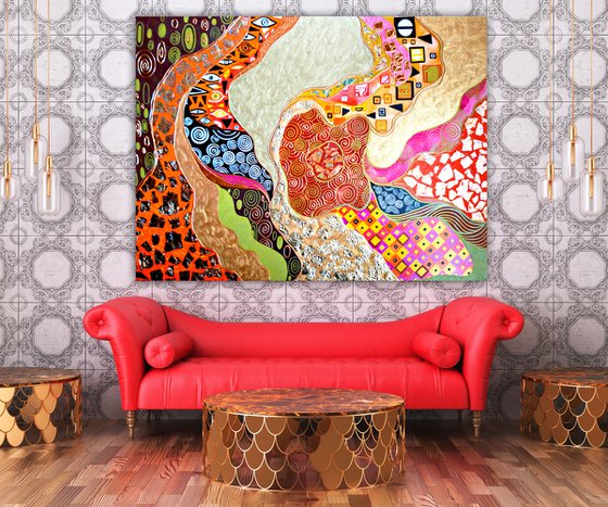 Klimt's dreams about Adele. Large abstract painting - Golden orange pink art