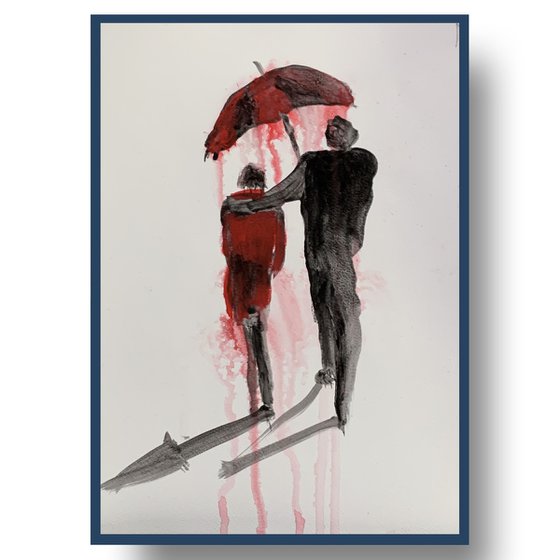 People figures with umbrella.