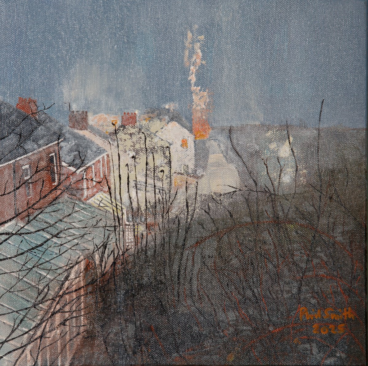 Impressionistic Cityscapes Acrylic Painting By Phil Smith, 12 X 12", A Foggy Morning, Original Artwork