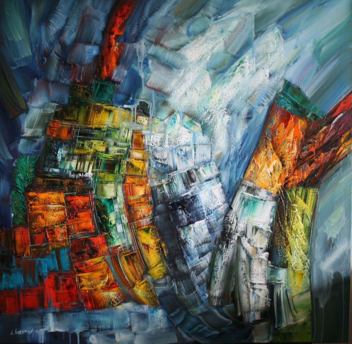 Abstract Oil Painting By Sergei Inkatov, 39 X 39", White Night, Original Artwork