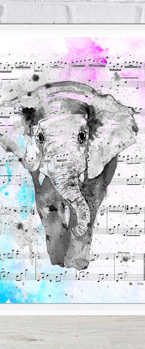 Elephant, watercolor on sheet music by Luba Ostroushko
