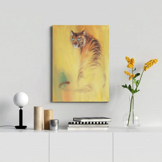 Oil painting Tiger Tiger gaze Yellow Animal Wild cat