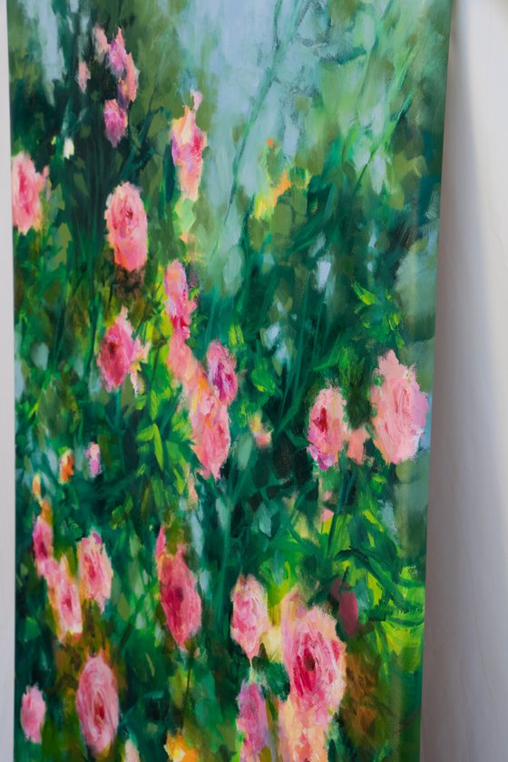 Pink roses in the garden - Impressionistic flower painting Modern floral Contemporary romantic LARGE SIZE UNSTRETCHED