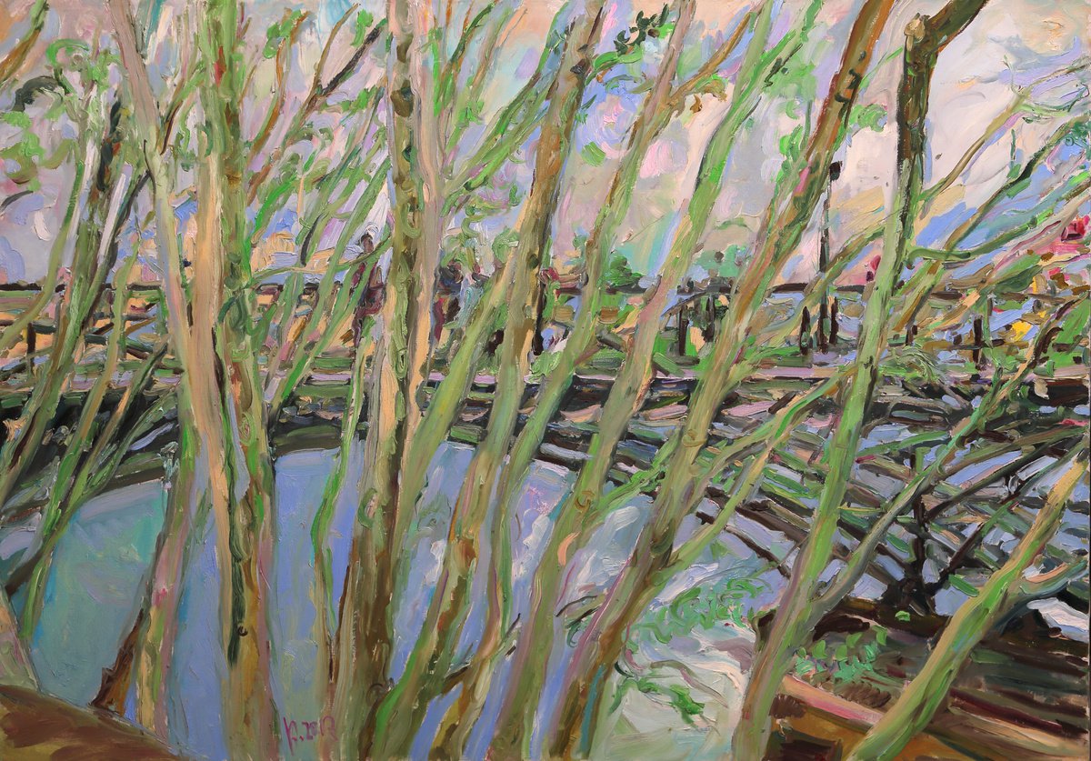 SPRING IN PARIS, PLANE- TREES - landscape art, XXL large original oil painting, spring, im... by Karakhan