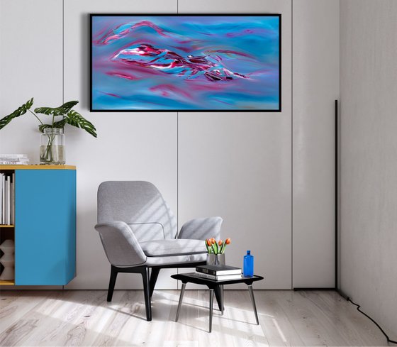 Blue poetry, abstract gestural painting, 120x60 cm