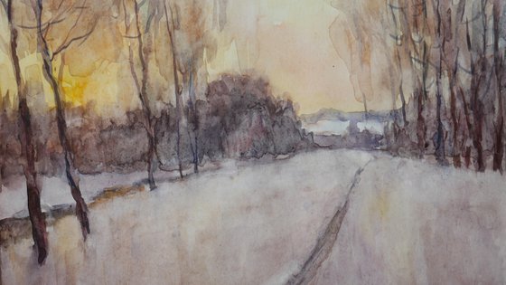 Winter evening - sunny winter landscape watercolor
