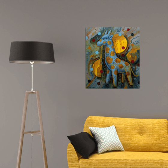 The giraffe is walking