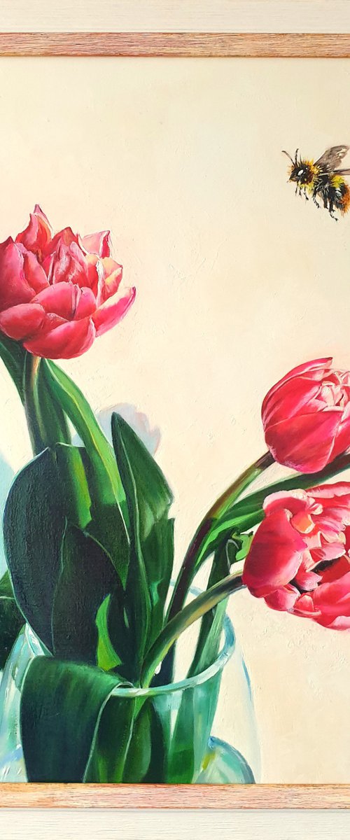 "In oriental style. "  still life summer  tulip bumblebee  white liGHt original painting  GIFT (2021) by Anna Bessonova (Kotelnik)