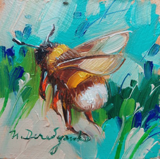 Bumblebee artwork oil painting original 2x2, Honey bee home decor wall art, Turquoise art gold frame mini painting girlfriend gift