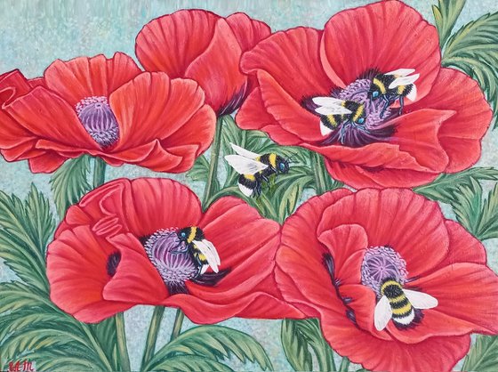 Bumble bees and Poppies flowers
