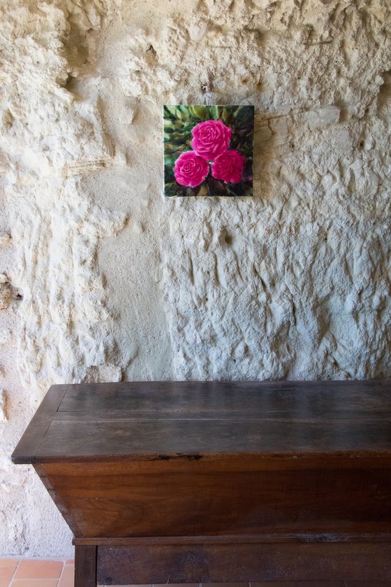 Three roses - small size floral painting - 30X30 cm Pink magenta green garden still life interior decoration home design affordable art