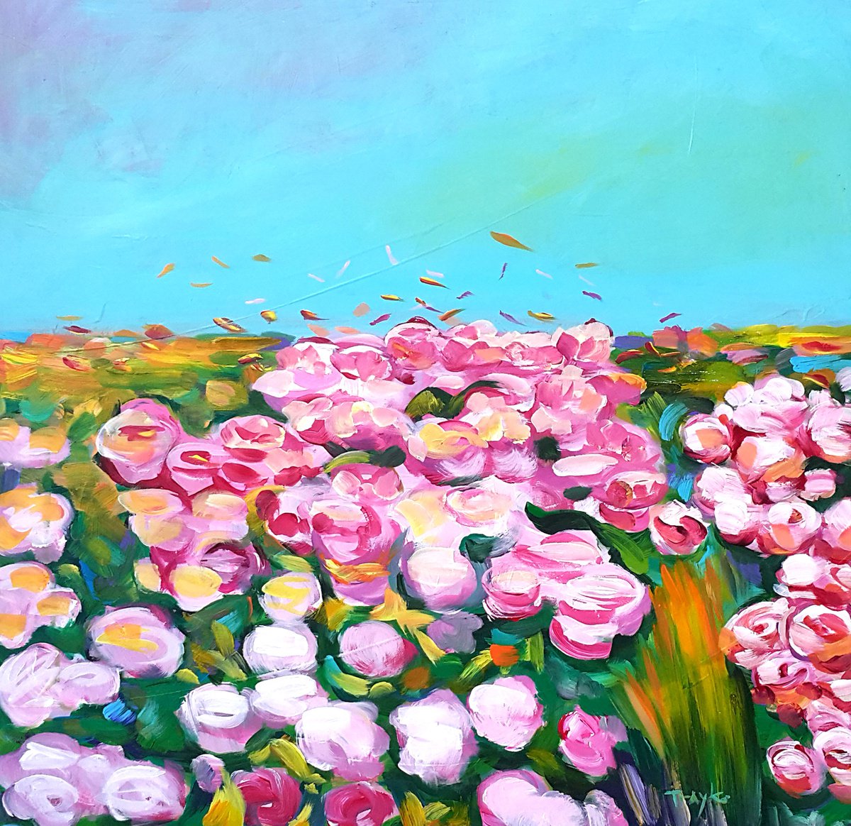 Impressionistic Landscape Acrylic Painting By Trayko Popov, 26 X 26", Scent Of Roses | Field Of Roses | Attar Of Roses, Artfinder
