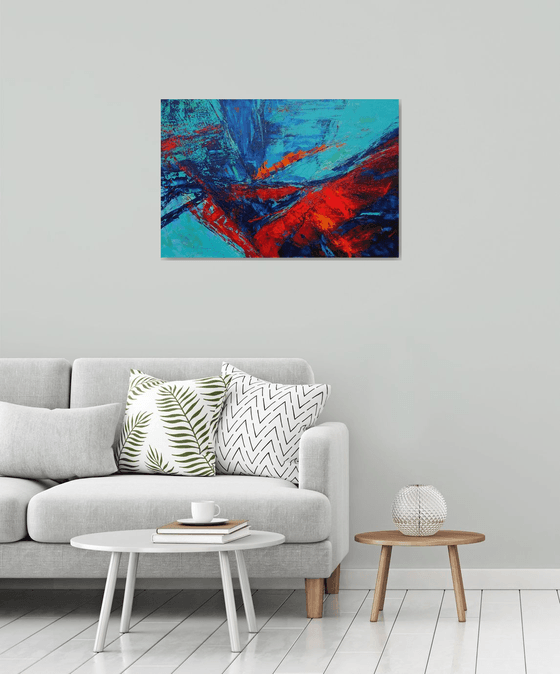 Large Abstract Blue Turquoise Red Landscape Painting. Modern Textured Art. Abstract. 61x91cm.