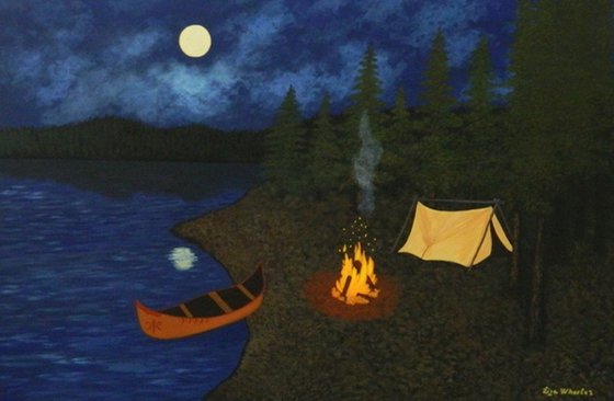 Under the Moonlight - nightscape campfire painting; home, office decor; gift ideas