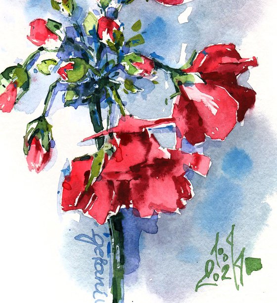 "Bright red geranium" flowering sprig original watercolor painting small format