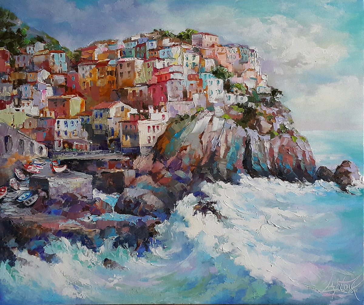 Expressive Landscape Oil Painting By Viktoria Lapteva, 31 X 27", Manarola Village Cinque Terre, Original Artwork