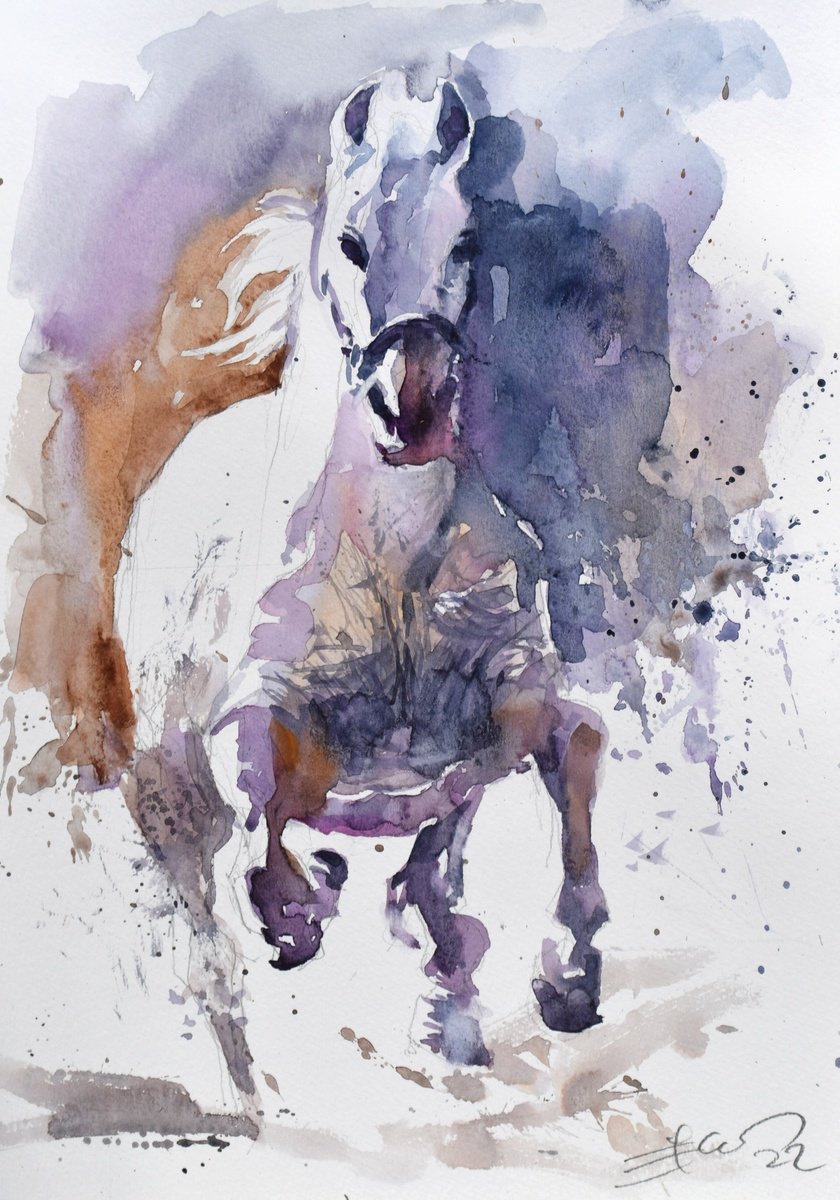 Expressive Animal Watercolour By Goran Zigolic Watercolors, 10 X 14, Running Horse -Lpz03, Original Artwork