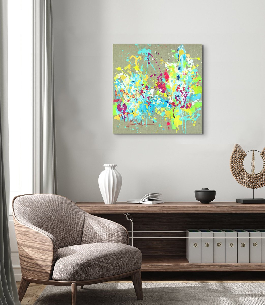 Abstract Acrylic Painting By Marta Zawadzka, 28 X 28", Summer Flower, Original Artwork