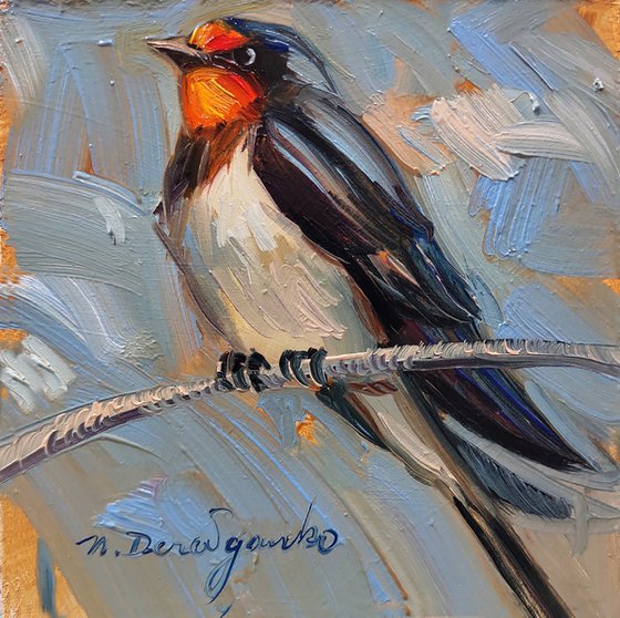 Swallow bird on branch ORIGINAL painting small art framed , Bird Portrait, Oil Painting 4x4, Small Wall Decor