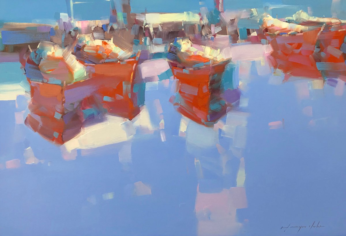 Boats Reflection, Original oil painting, Handmade artwork, One of a kind by Vahe Yeremyan