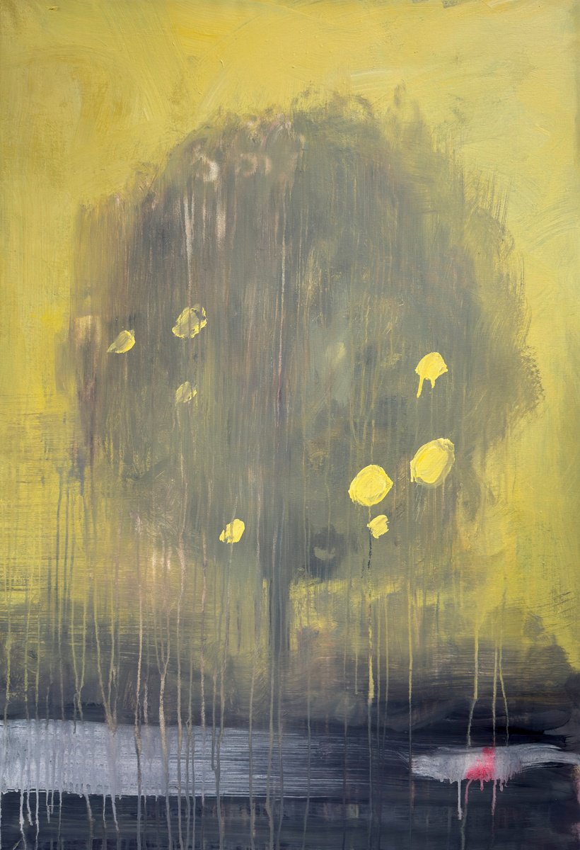 Naive Landscape Acrylic Painting By Zakhar Shevchuk, 34 X 50", Apple Tree, After The Rain, Original Artwork