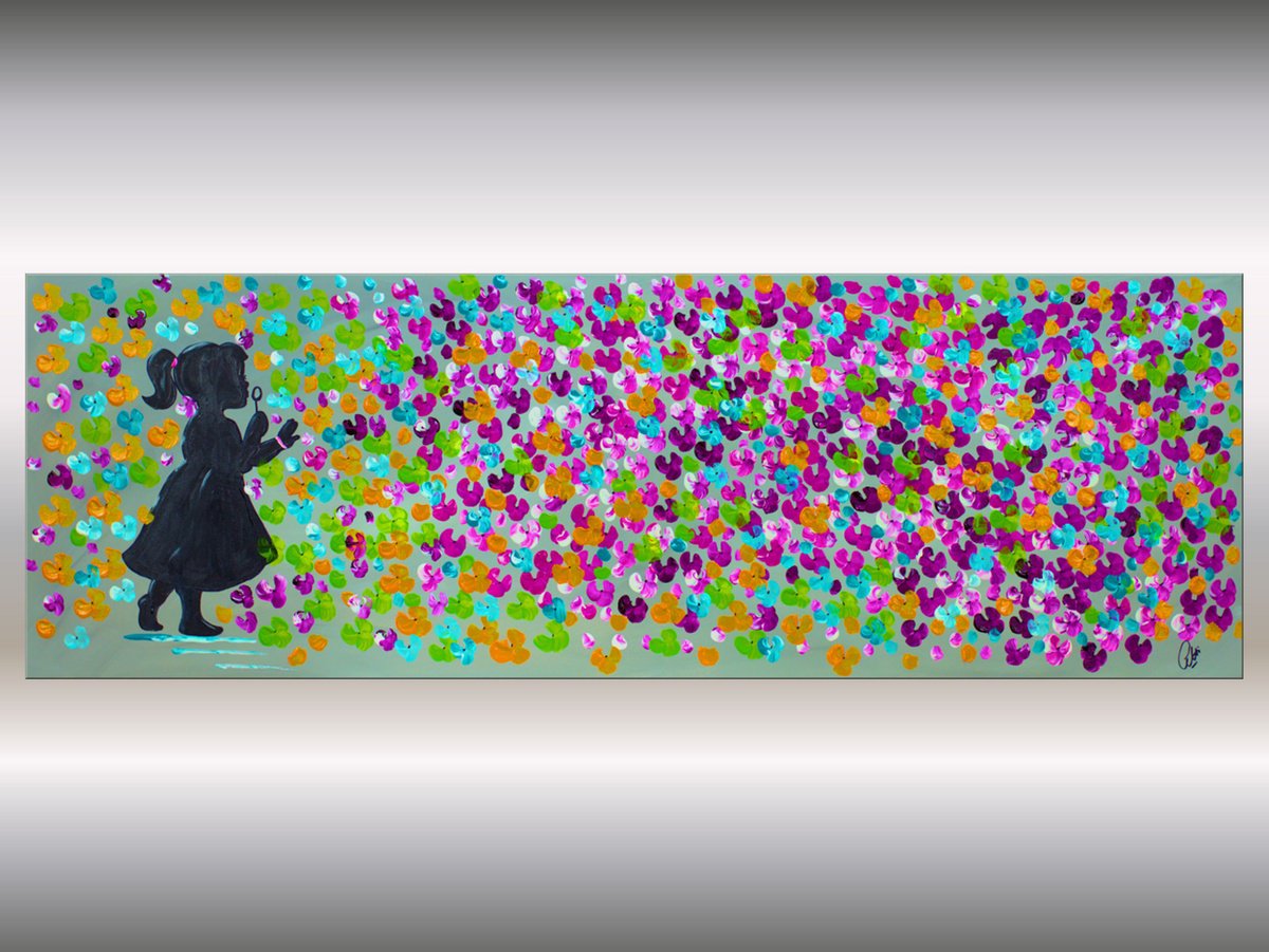 Abstract Botanical Acrylic Painting By Edelgard Schroer, 47 X 16, Whimsical Blossoms 2, Original Artwork