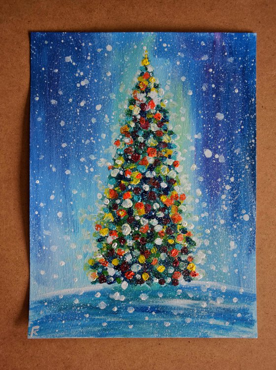 Christmas tree original acrylic painting, New Year pine tree picture, winter snow landscape