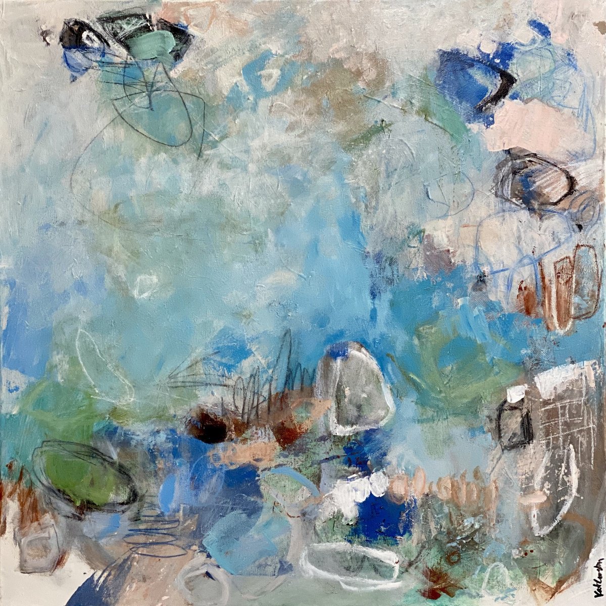 Organic Abstract Acrylic Painting By Kat Crosby, 24 X 24", Rolling In The Surf, Original Artwork