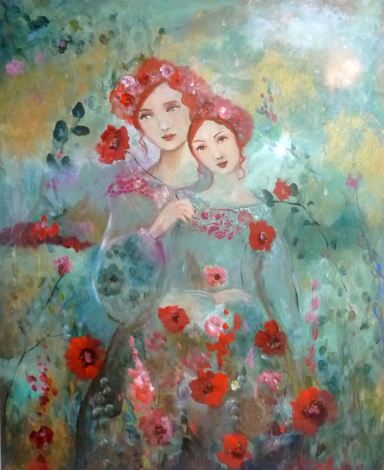 The wild path 73 x 60 cm. Portrait of mother and daughter in the garden