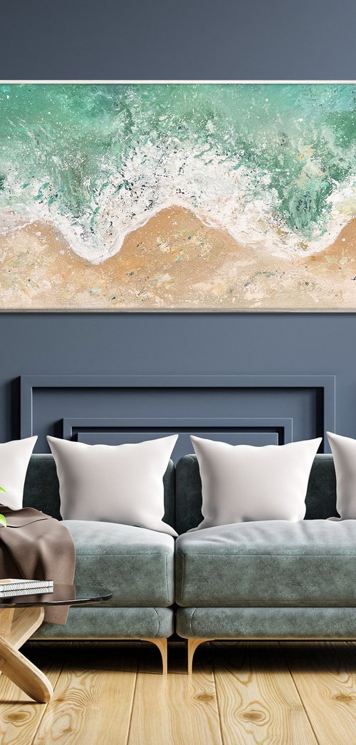 Waves - Sea Canvas Impasto Abstract Painting, Blue Green Sea Landscape, Living Room Art, Minimalist Art, Wall Art Decor by Lana Guise