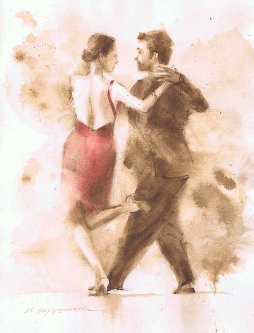 Red dress - Dancing Argentine tango / Original Argentine Tango, Dance in Art, Watercolor Painting,  Artwork by Marina Trushnikova Fine Art by Marina Trushnikova