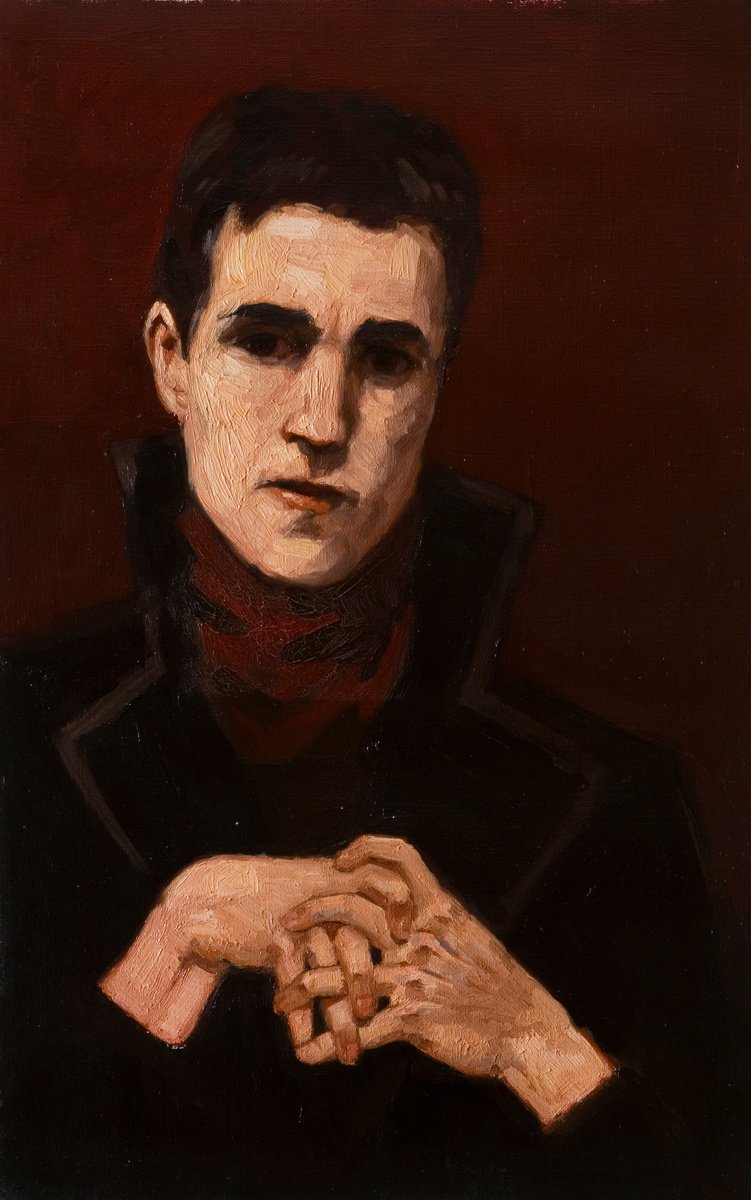 Impressionistic Still Life Oil Painting By Olivier Payeur, 11 X 17", Selfportrait On Red And Black, Original Artwork