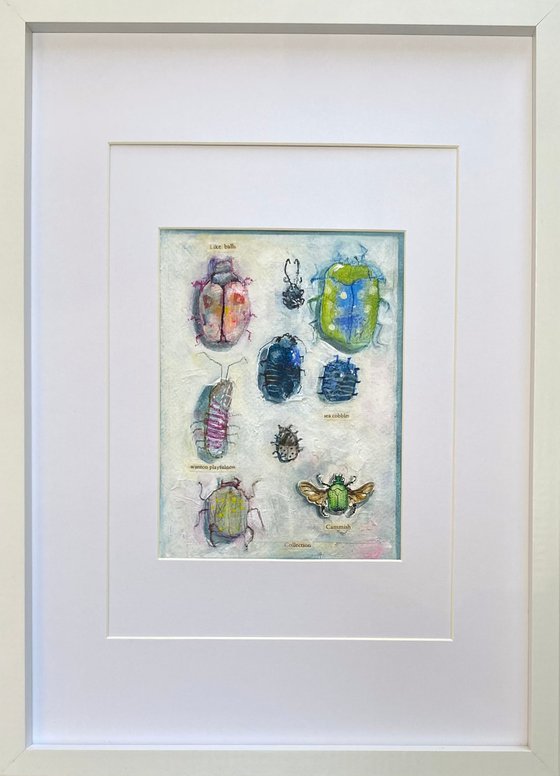 Bug Collection #11 - Framed mixed media abstract Beetle Painting