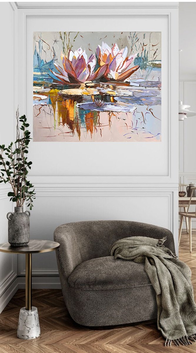 Expressive Landscape Oil Painting By Vita Schagen, 28 X 24", Pond With Water Lilies., Original Artwork