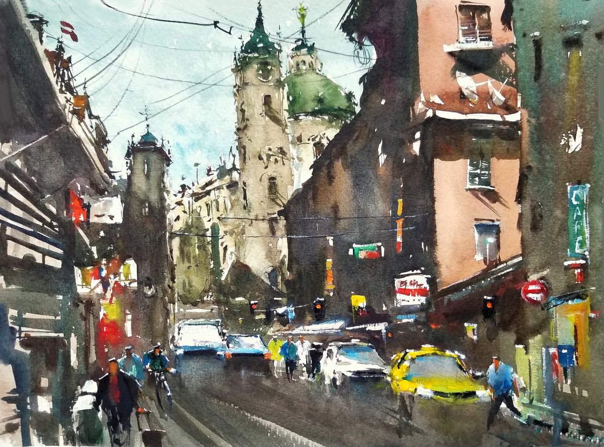 Impressionistic Cityscapes Watercolour By Maximo Damico, 15 X 11", Prague Modern And Old City, Original Artwork