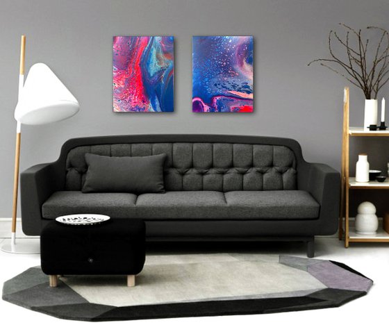 "Sharing A Dream" - FREE USA SHIPPING - Original PMS Abstract Diptych Fluid Acrylic Paintings On Canvas - 32" x 20"