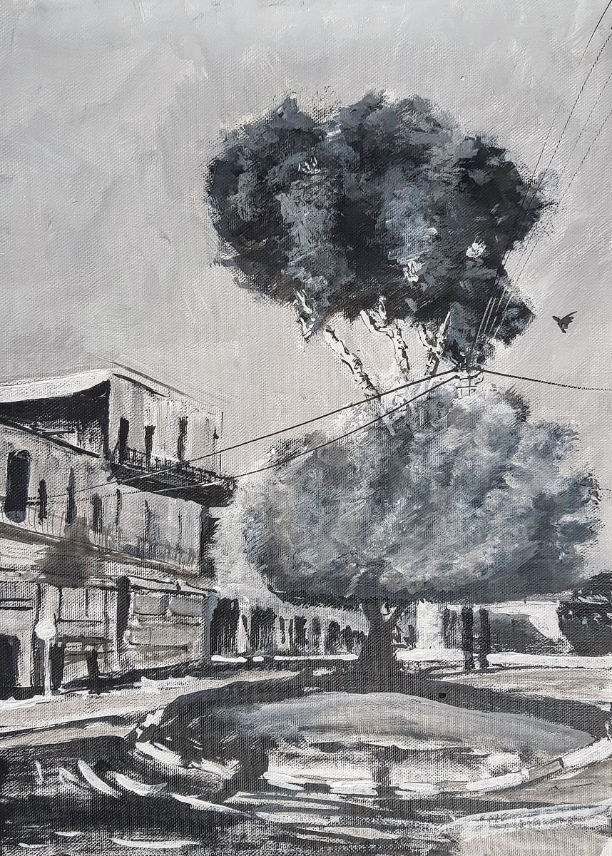 Impressionistic Cityscapes Acrylic Painting By Leonid Kirnus, 11 X 15", Roundabout, Original Artwork