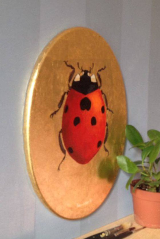My Big Golden Ladybug Oil Painting on Oval Lacquered Golden Leaf Canvas Frame