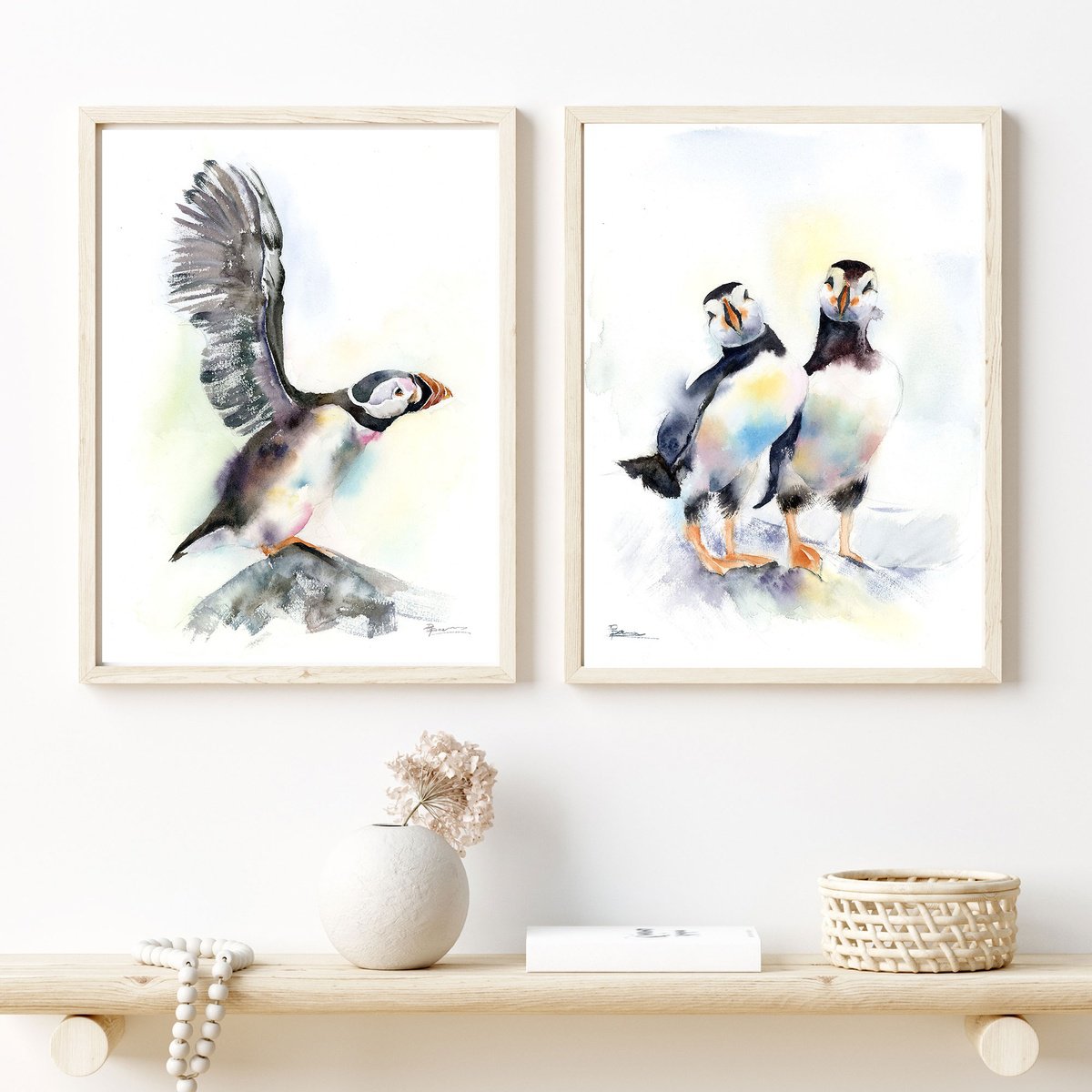 Illustrative Animal Watercolour By Olga Tchefranov (Shefranov), 20 X 14", Puffin Diptych, Original Artwork