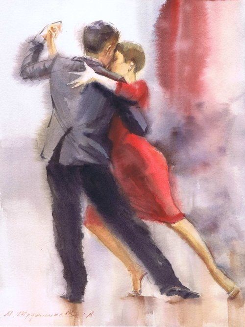 Argentine tango dancers / Original Argentine Tango, Dance in Art, Watercolor Painting,  Artwork by Marina Trushnikova Fine Art by Marina Trushnikova