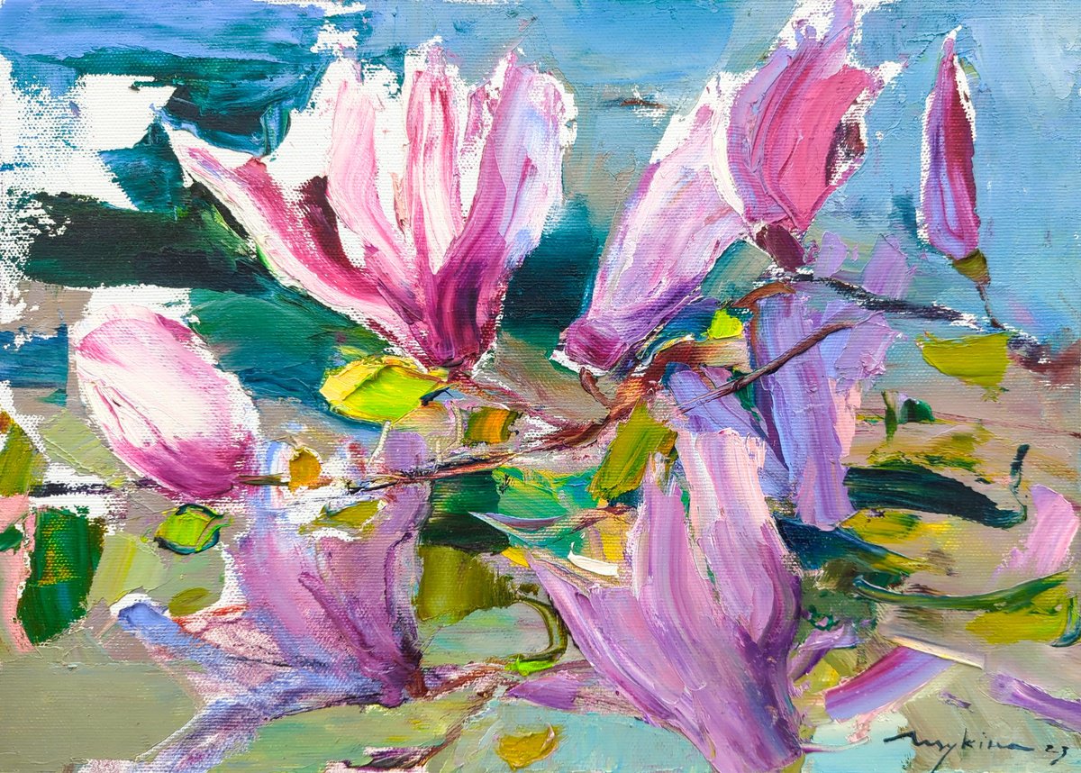 Impressionistic Botanical Oil Painting By Helen Shukina, 14 X 10, Magnolia Branch, Spring, Original Artwork