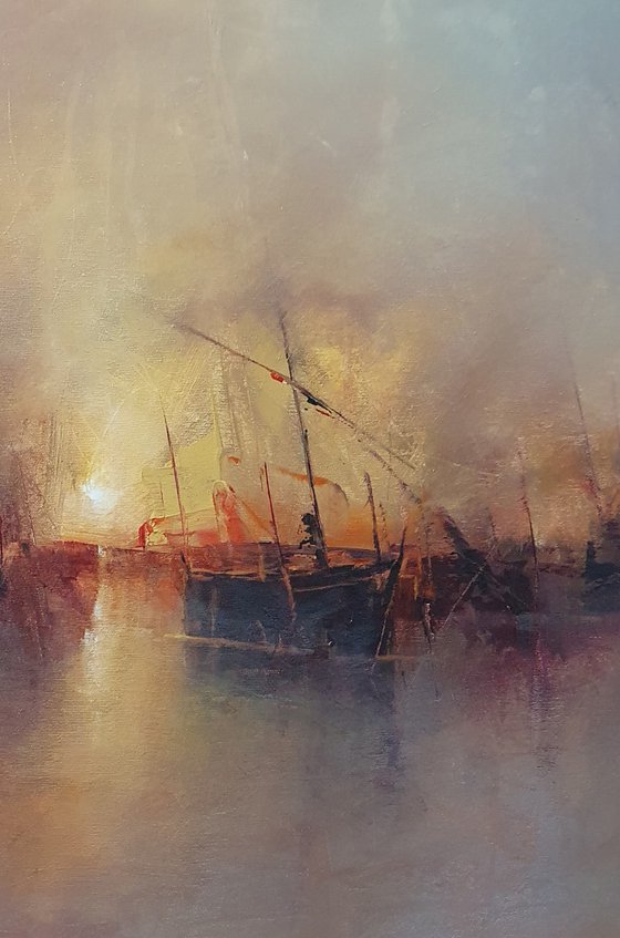 " Harbor of destroyed dreams - Hazy morning " W 70 x H 70 cm