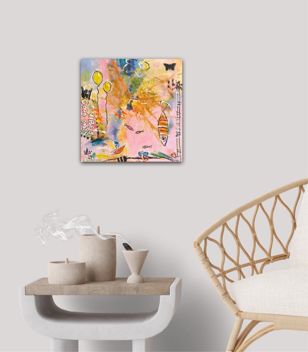 Urban And Pop Abstract Acrylic Painting By Bea Schubert, 12 X 12, Good Vibes Only, Original Artwork
