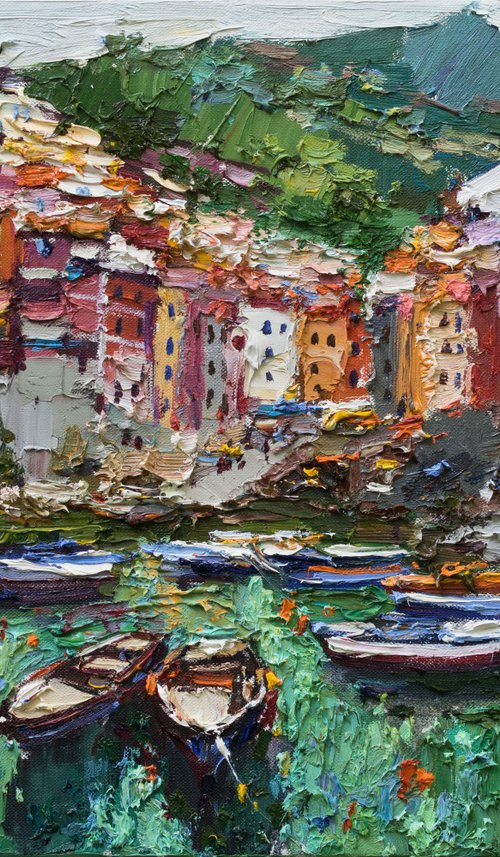 Riomaggiore, Cinque terre - Italian Landscape painting by Anastasiia Valiulina