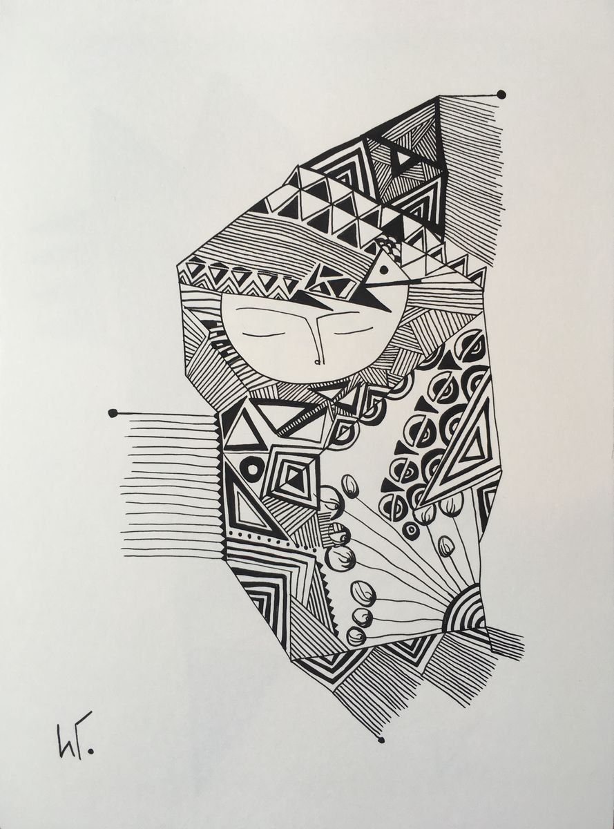 Naive Portrait Ink Drawing By Irina Goleva, 8 X 11, Bliss V, Original Artwork